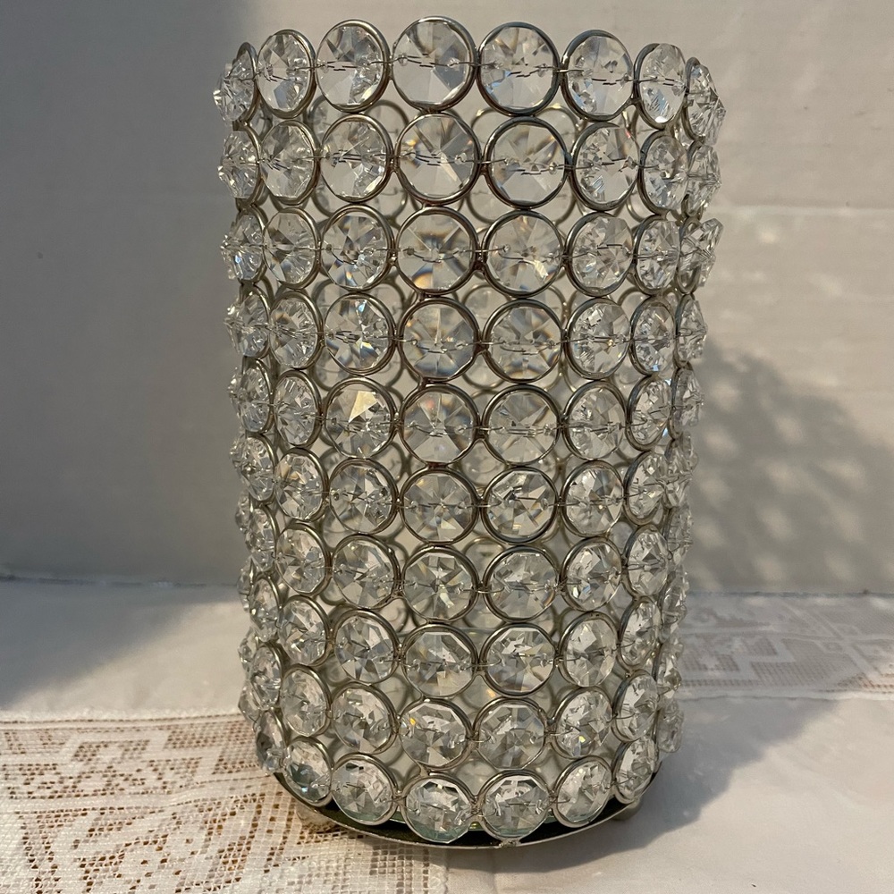 Crystal Silver Round Footed Mirrored Candle Hair Brush Holder Vanity Accessory